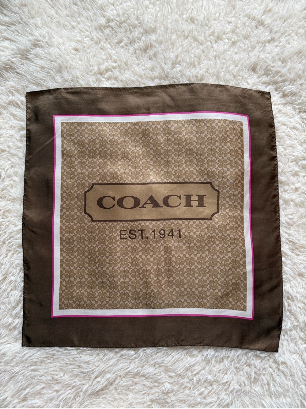 Coach Brown and Pink Logo Silk Square Scarf